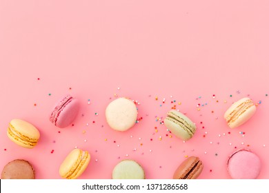 Sweet Dessert Pattern With Macarons On Pink Background Flat Lay Mockup