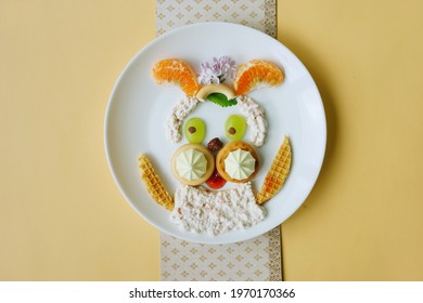 Sweet Dessert In Shape Of Bunny Made Of Fruits, Curd And Waffle. Food Art. Funny Idea Of Breakfast. Lunch For Kids. Tea Time Background. Kitchen Ingredients. 