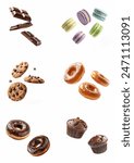 Sweet Desserts flying in air, Set. Many sweets floating, isolated on white background. Chocolate bar, colorful macaroons, chocolate chip cookies, glazed donut, chocolate donuts, chocolate cupcakes. 