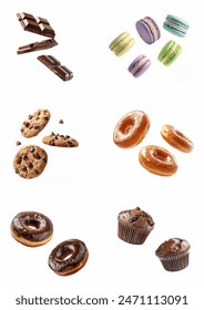 Sweet Desserts flying in air, Set. Many sweets floating, isolated on white background. Chocolate bar, colorful macaroons, chocolate chip cookies, glazed donut, chocolate donuts, chocolate cupcakes. 