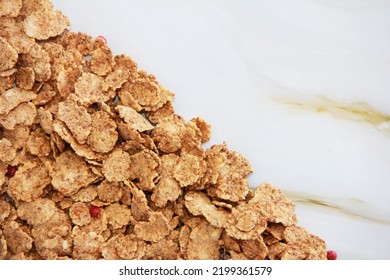 Sweet Dry Diet Wheat Muesli On A Gray Marble Background, Texture Close-up