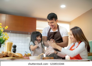 Sweet Family Weekend Activities Cooking Together With Dad Mom And Daughter Happiness Moment And Joyful Hobby Home Kitchen Background