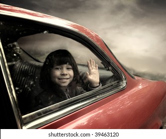 Sweet Female Child Looking Trough Car Window