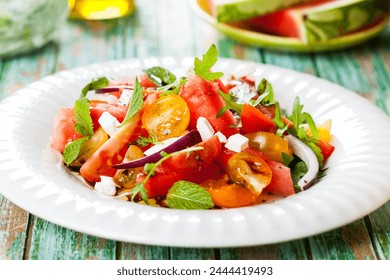 sweet, fresh, healthy, meal, food, watermelon, vegetarian, cheese, summer, plate, salad, lunch, tasty, background, delicious, natural, table, organic, diet, white, mint, feta, dish, basil, snack, frui