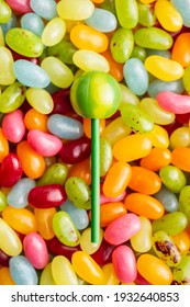 Sweet Fruity Lollipops And Jelly Beans. Top View.