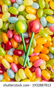 Sweet Fruity Lollipops And Jelly Beans. Top View.