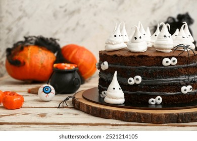 Sweet Halloween cake decorated with meringue ghosts, spiders, candies and pumpkins on white wooden table - Powered by Shutterstock