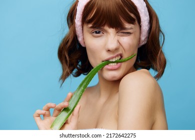 A Sweet, Happy Woman Stands On A Blue Background Holding A Sprig Of Aloe Vera In Her Hand And Presenting It To Her Face Bites Her Teeth, Winking At The Camera. Horizontal Studio Photography