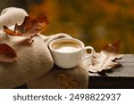 Sweet Home. Still life details in home on a wooden window. Hot coffee and autumn decor. Autumn home decor. Cozy fall mood. Cozy tea party. Template for design