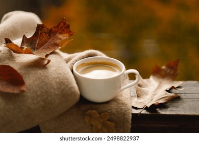 Sweet Home. Still life details in home on a wooden window. Hot coffee and autumn decor. Autumn home decor. Cozy fall mood. Cozy tea party. Template for design