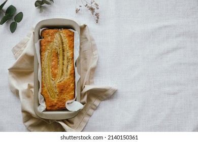 Sweet Homemade Loaf Of Banana Bread Cake. Table Top View. Copy Space.