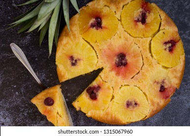 Sweet Homemade Pineapple Upside Down Cake. Top View