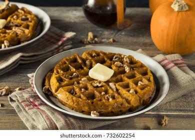 Sweet Homemade Pumpkin Waffles With Syrup And Butter