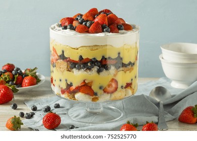 Sweet Homemade Strawberry Trifle Dessert With Custard And Cake
