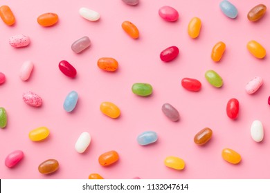 Sweet Jelly Beans On Pink Background.