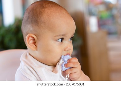 Sweet Little Baby Boy Sitting In High Chair At The Restaurant