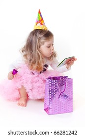 Sweet Little Girl Reading Birthday Greeting Card