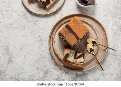 Sweet Marble Cake With Chocolate On The Light Background, Top Down View Imgae