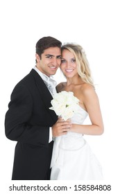 Sweet Married Couple Posing Holding A White Bouquet On White Background