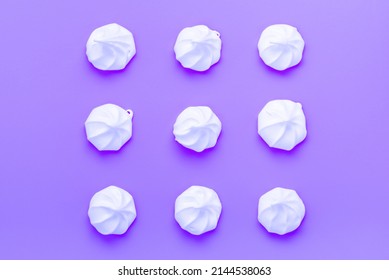 Sweet Meringue Kiss Cookies Over Very Perry Background, Flat Lay, Top View