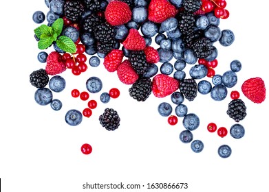 Sweet mix  berries isolated on white background, top view. Berry border frame. Flat lay.