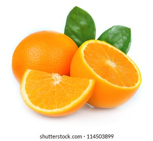 Sweet Orange Fruit With Leaves On White