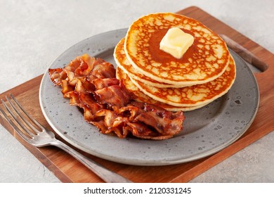 Sweet Pancakes With Butter And Bacon. Traditional American Breakfast