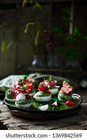 Sweet Pea  And Avocado Deviled Eggs.style Rustic.selective Focus