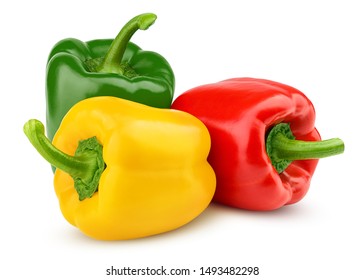 sweet pepper, red, green, yellow paprika, isolated on white background, clipping path, full depth of field