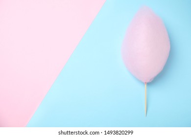 Sweet Pink Cotton Candy On Color Background, Top View. Space For Text