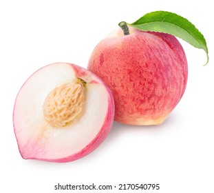 Sweet Pink and yellow Peach fruit with leaf isolated on white background, Fresh Peach on White Background With clipping path.