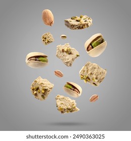 Sweet pistachio halva and nuts in air on grey background