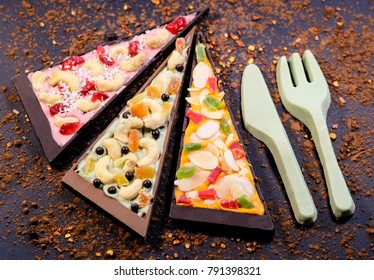 Sweet Pizza And Edible Cutlery On Dark Background