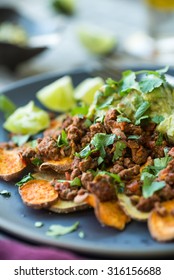 Sweet Potato Chips With Spicy Ground Turkey Nachos And Guacamole