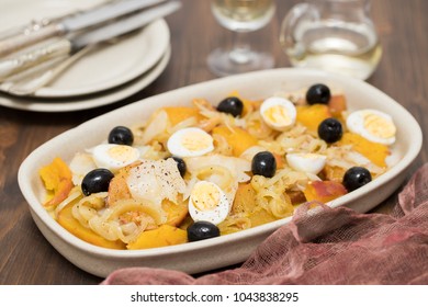 Sweet Potato With Cod Fish, Onion And Eggs On Dish