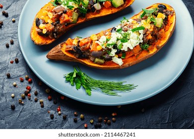 Sweet Potato Filled Vegetables And Cottage Cheese And Baked In Halves. Homemade Diet Food, Roast Yam