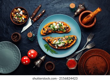 Sweet Potato Filled Vegetables And Cottage Cheese And Baked In Halves. Homemade Diet Food, Roast Yam