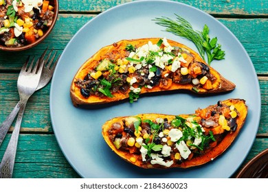 Sweet Potato Filled Vegetables And Cottage Cheese And Baked In Halves. Diet Food, Roast Yam