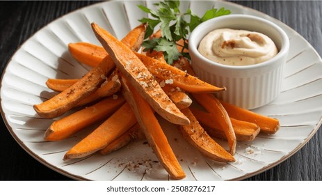 Sweet Potato Fries: Crispy, slightly sweet fries made from sweet potatoes, seasoned and baked or fried, offering a healthier yet delicious alternative to regular fries. - Powered by Shutterstock