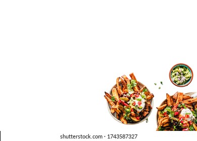 Sweet Potato Fries Isolated On White Copy Space Food Flat Lay Background From Above