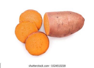 Sweet Potato Isolated On White Background Closeup. Top View. Flat Lay.