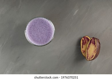 Sweet Potato Latte, Top View. Korean Milkshake With Bubble Made Of Whipped Milk And Puree Sweet Purple Potatoes.