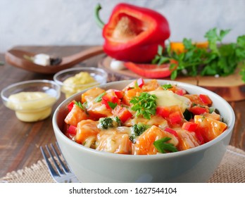 Sweet Potato Salad With Homemade Creamy Honey-mustard Mayo Dressing In Bowl