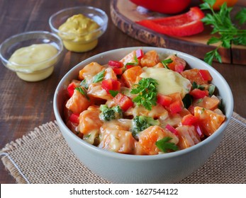 Sweet Potato Salad With Homemade Creamy Honey-mustard Mayo Dressing In Bowl