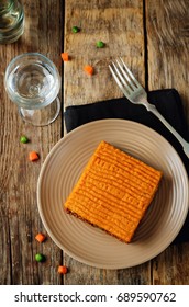 Sweet Potato Shepherd's Pie On A Wood Background. Toning. Selective Focus