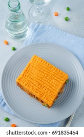 Sweet Potato Shepherd's Pie On A Grey Background. Toning. Selective Focus