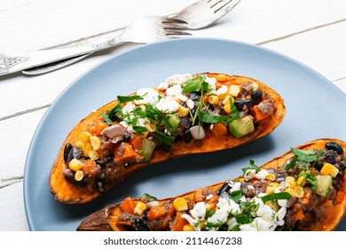 Sweet Potato Stuffed With Vegetables And Cottage Cheese And Baked In Halves. Diet Food, Roast Yam