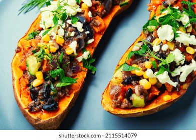 Sweet Potato Stuffed With Vegetables And Cottage Cheese And Baked In Halves. Diet Food, Roast Yam