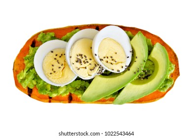 Sweet Potato Toast With Avocado, Eggs And Chia Seeds. Isolated On A White Background.