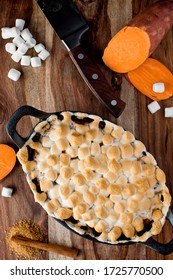 Sweet Potatoes Or Candied Yams. Classic American Thanksgiving Side Dish. Served With Toasted Marshmallows, Cheese, Garnished With Scallions And Italian Parsley And Served In Cast Iron Skillet. 